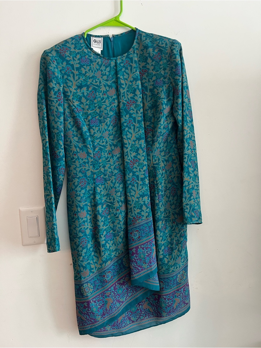 Vintage Gigi by Gillian Teal Floral Long Sleeve Scarf Dress Size 2